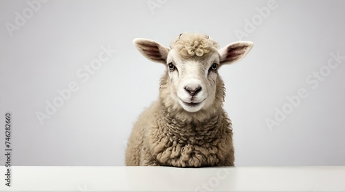 Cut out of young sheep lamb isolated on white background looking at camera. Side view full body . generative ai
