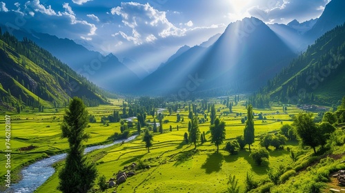 The breathtaking beauty of Swat Valley captured in a single frame, with emerald-green meadows, majestic mountains, and a meandering river.  photo