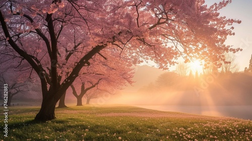 The first light of sunrise highlighting a serene landscape of blooming cherry blossoms  creating a dreamlike atmosphere. 