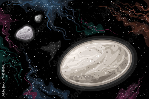 Vector Fantasy Space Chart, horizontal poster with cartoon design dwarf planet Haumea with moons Hi'iaka and Namaka in deep space, decorative futuristic cosmo print with black starry space background