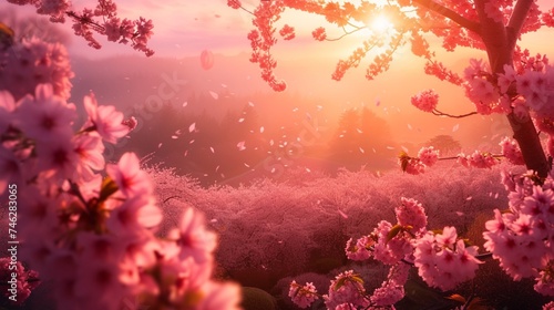 The first light of sunrise highlighting a serene landscape of blooming cherry blossoms, creating a dreamlike atmosphere. 