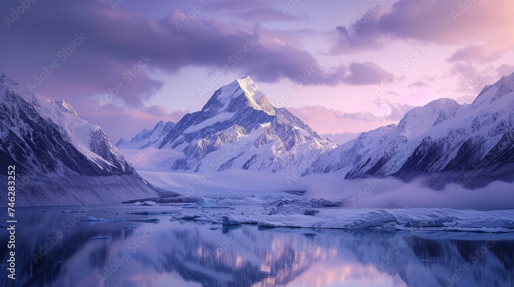 The mighty Aoraki/Mount Cook in New Zealand, surrounded by an alpine wonderland. A serene dawn paints the sky with pastel shades, illuminating the snow-covered slopes and the surrounding peaks.