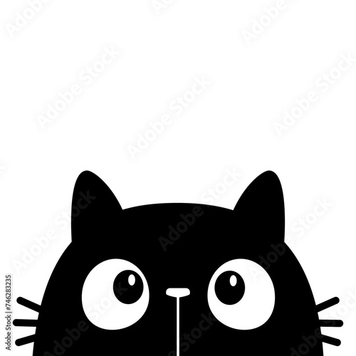 Cat head face silhouette. Black peeking kitten face head. Cute cartoon character. Kawaii funny animal. Baby greeting card. Pet collection. Sticker print. Flat design. White background. Isolated. © worldofvector