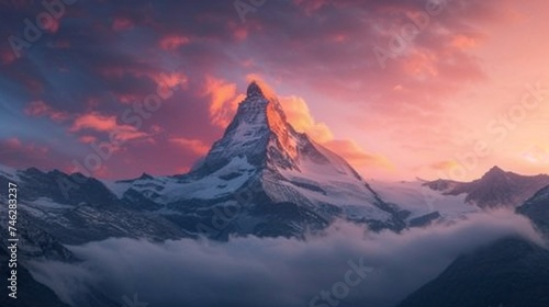 The iconic Matterhorn, piercing the sky in the Swiss Alps. 