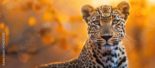 A close-up view of a leopard in Kruger National Park, illuminated by the light, with a blurry background creating depth and focus on the majestic predator. The leopards intricate spots and intense