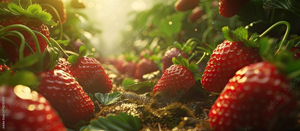 A detailed view of fresh organic strawberries bunched together, showcasing their vibrant red color and plump appearance. Each strawberry has small seeds on its surface and is connected to a green stem - obrazy, fototapety, plakaty 
