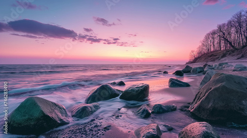 Serene Beach at Sunset with Purple Hues
