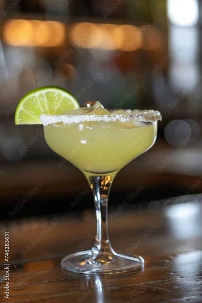 Lime margarita with salt rim on a bar counter Lime margarita with salt rim on a bar counter