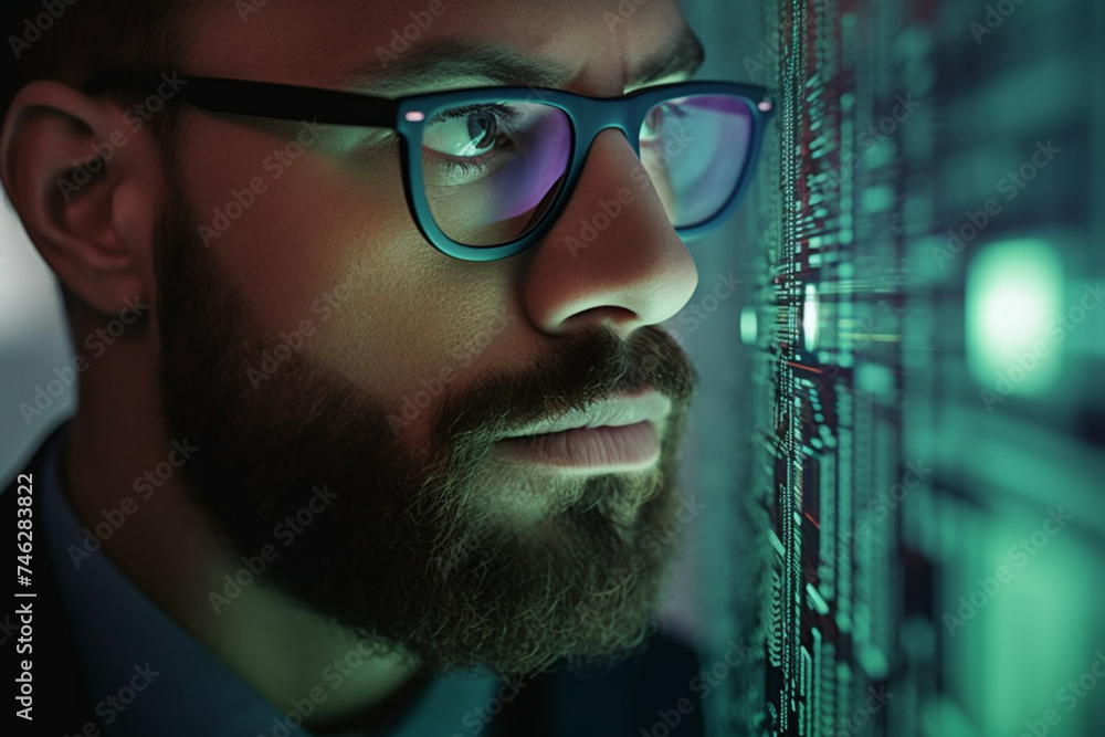 Closeup, code reflection in glasses and man learning cyber security, cloud computing or software update. Male programmer, IT specialist or coder develop system, connect internet or coding information - obrazy, fototapety, plakaty 
