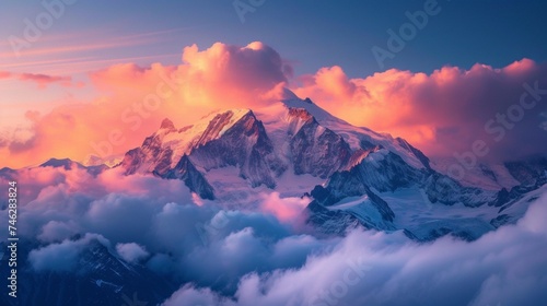 The stunning Mont Blanc, Western Europe's highest peak, during a vibrant alpenglow. The sky is ablaze with colors as the snow-covered summit basks in the warm embrace of the setting sun.