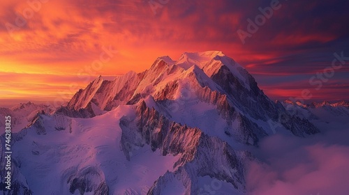 The stunning Mont Blanc, Western Europe's highest peak, during a vibrant alpenglow. The sky is ablaze with colors as the snow-covered summit basks in the warm embrace of the setting sun.
