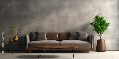  Contemporary Living Room Concept , Grey Sofa and  Grey Living Room Interior with Blooming Flower Twig Glass Vase  Muted Tones with Copy Space , © Muhammad