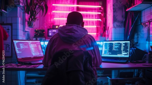 Cyberpunk hacker in neon-lit room, digital warrior, future of rebellion