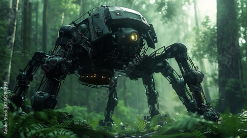 Dark forests intertwining with advanced robotics, a fusion of nature and machine photo