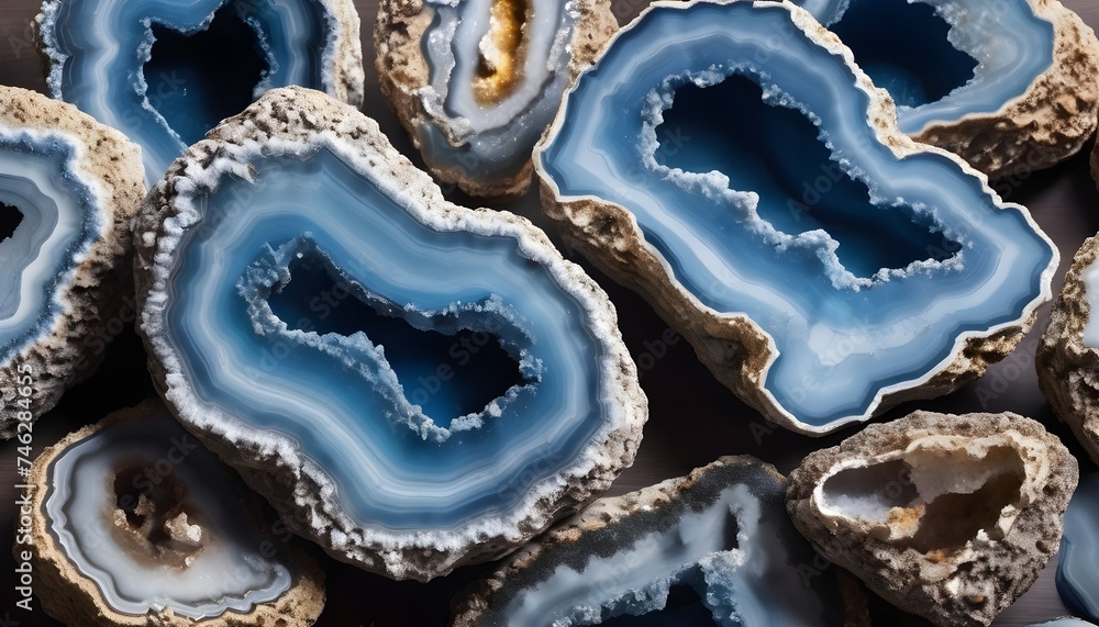Multitude of blue agate geodes on a table Multitude of blue agate geodes on a table