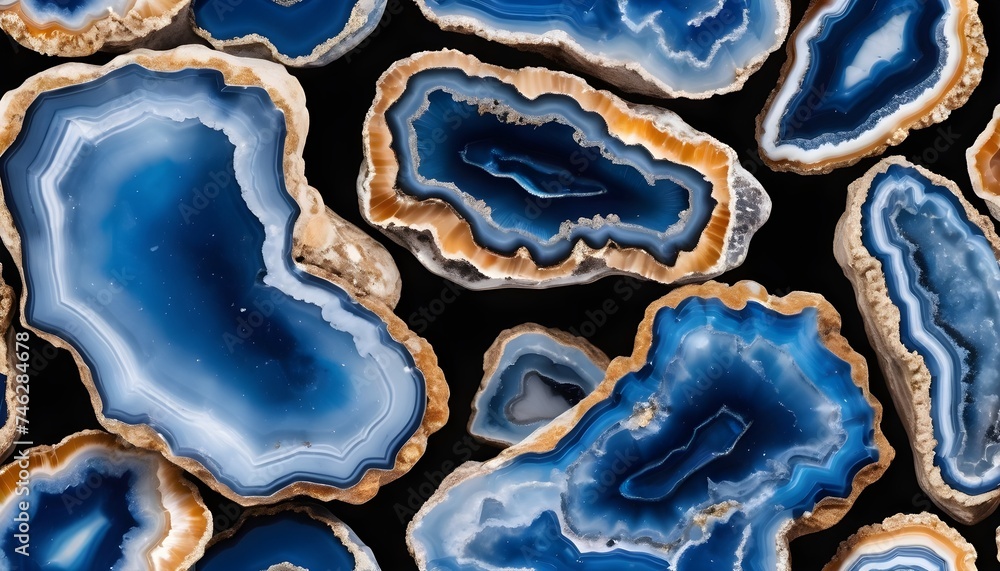 Multitude of blue agate geodes on a table Multitude of blue agate geodes on a table
