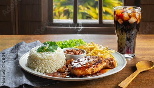 Prato com filé de peito de frango, arroz branco cozido, feijão, batata frita e salada. Refrigerante na composição. Comida brasileira. photo