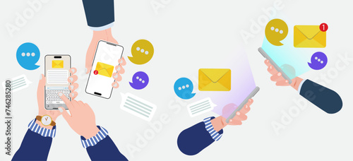 Hands holding smartphone with email, messenger, icons and emoji. Mobile smartphone with mail app concept. Email sender and receiver holding mobile phone. Vector.