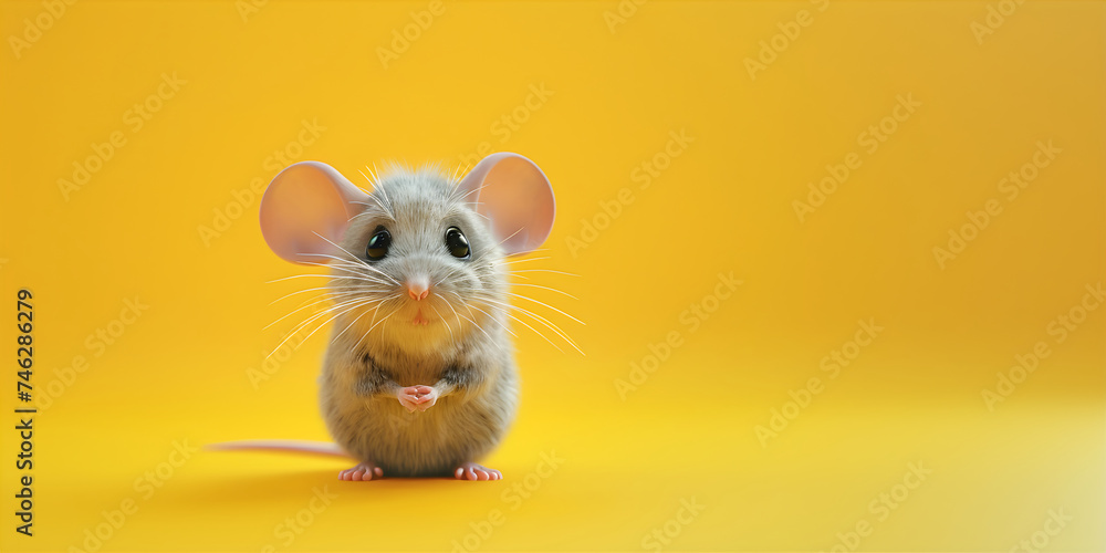 Cute cartoon mouse sitting on solid yellow background. Creative animal concept, commercial, advertisement banner with copy space.