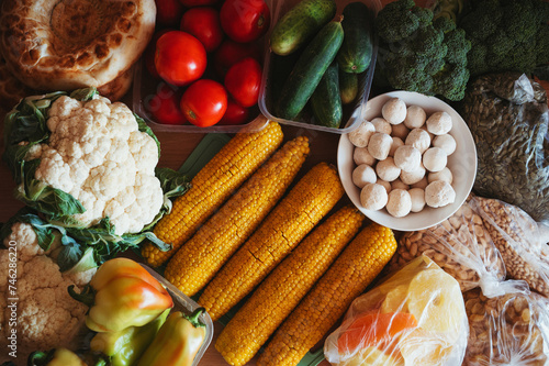 fresh vegetarian vegetables are food for a healthy proper diet. Broccoli, cauliflower, tomatoes, cucumbers and corn photo