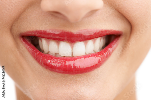 Happy person, red lipstick and closeup of teeth with makeup in cosmetics, gloss or dental treatment. Color lips of woman or model with smile for tooth whitening, mouth or oral beauty in cosmetology