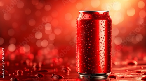 Mockup red aluminum can with water drops on the can surface with copy space.