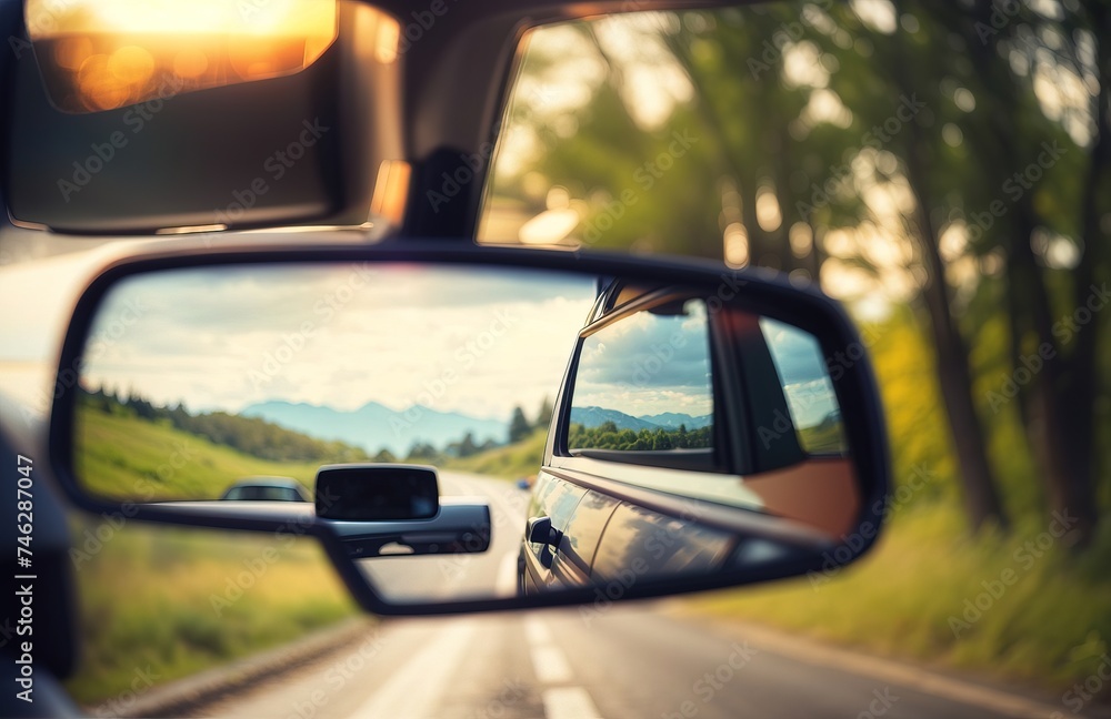 Car driving on the road, with mirror reflecting the surrounding scenery Car driving on the road, with mirror reflecting the surrounding scenery