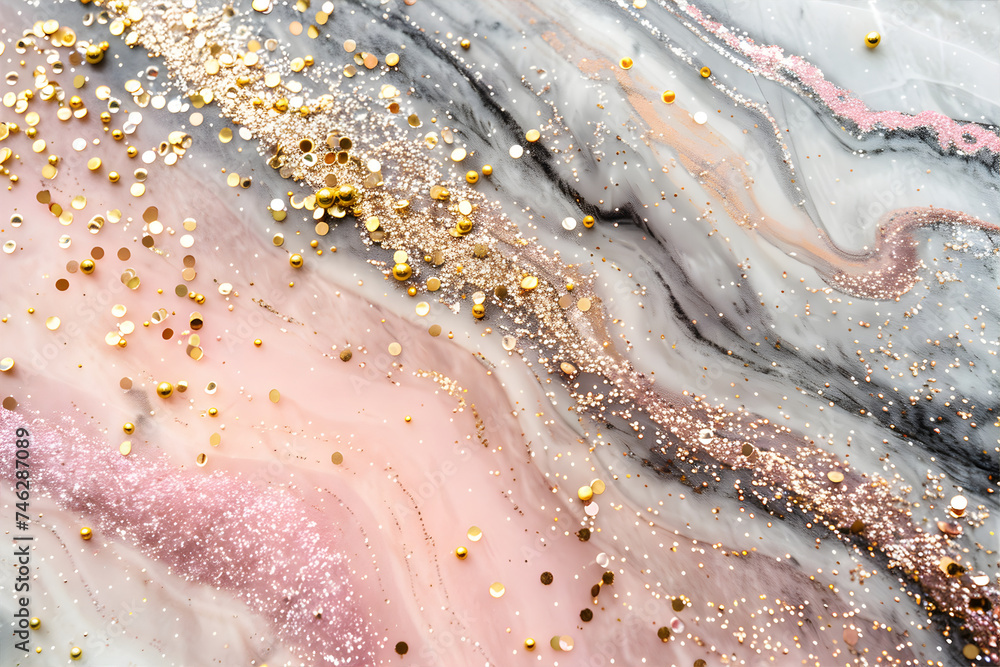 Obraz premium Pink marble textur ae banner with golden glitters. Abstract luxury marble stone texture with a gold lines. Copy space