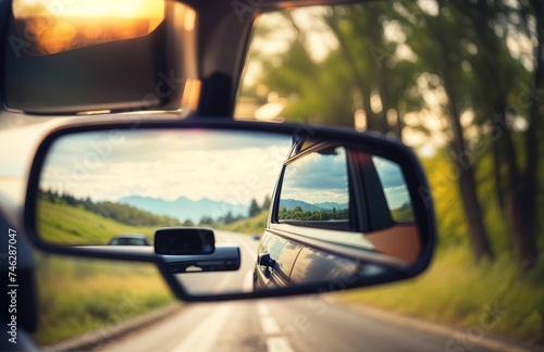 Car driving on the road, with mirror reflecting the surrounding scenery