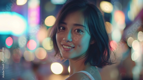 Portrait of young beautiful japanese woman looking back at the camera at night