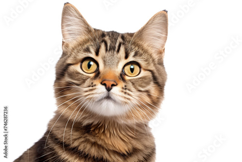 Cute fluffy portrait smile kitty Cat that looking at camera isolated on clear png background, funny moment, lovely cat, pet concept. © TANATPON