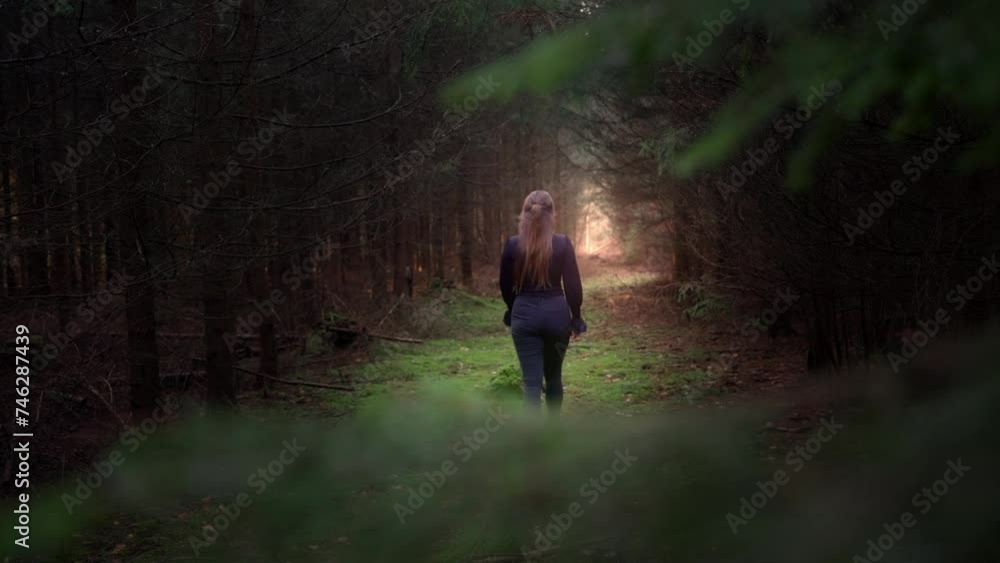 Young girl with long hair walks out into the glow between the trees. Lonely girl in slow motion. A dark and dense forest with a mysterious atmosphere and hope hidden in the light Young girl with long hair walks out into the glow between the trees. Lonely girl in slow motion. A dark and dense forest with a mysterious atmosphere and hope hidden in the light