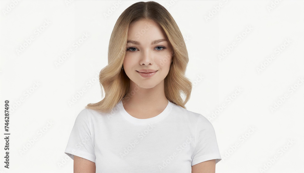 Clean and Crisp: Pretty Blonde Female in White Shirt Mockup Clean and Crisp: Pretty Blonde Female in White Shirt Mockup
