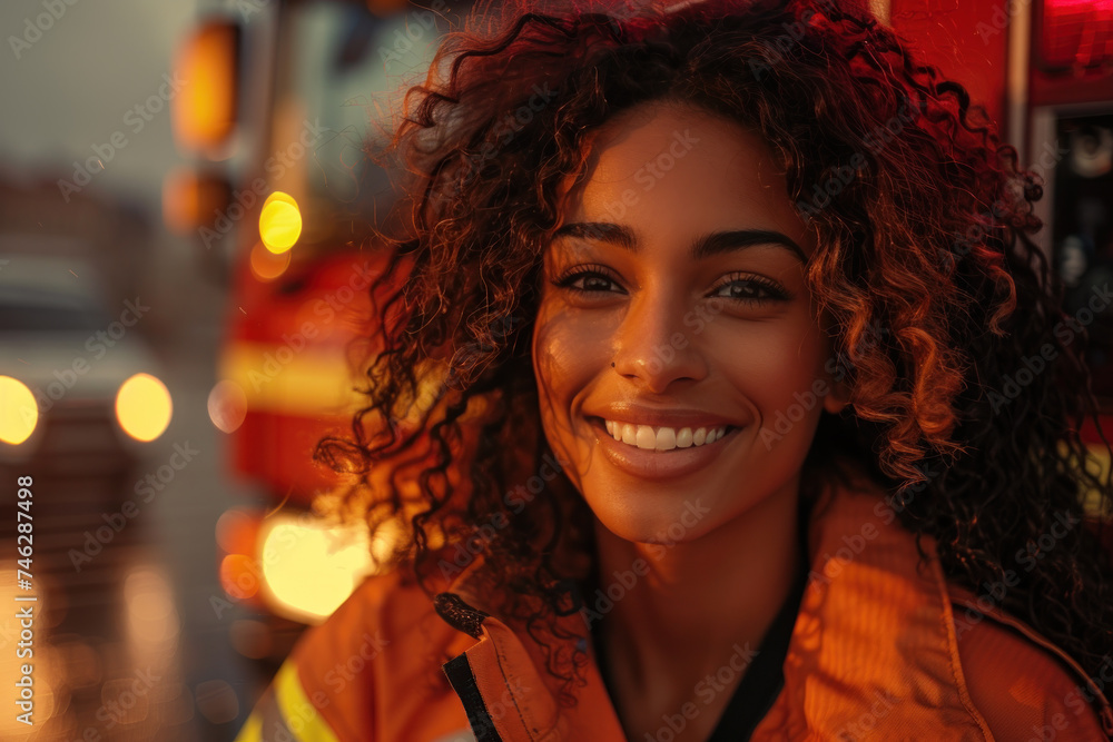 Afro woman wearing firefighter uniform, fire engine background Afro woman wearing firefighter uniform, fire engine background
