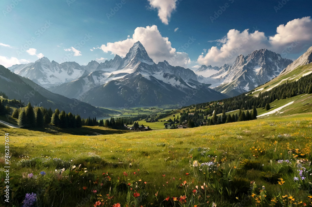 Panoramic alpine meadow with majestic mountain view. Lush green alpine meadow under a clear blue sky with panoramic mountain range in the background