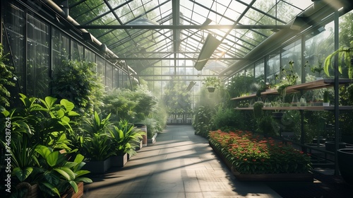 A modern greenhouse with glass walls and ceilings  filled with rows of thriving plants  herbs  and flowers  bathed in natural sunlight.