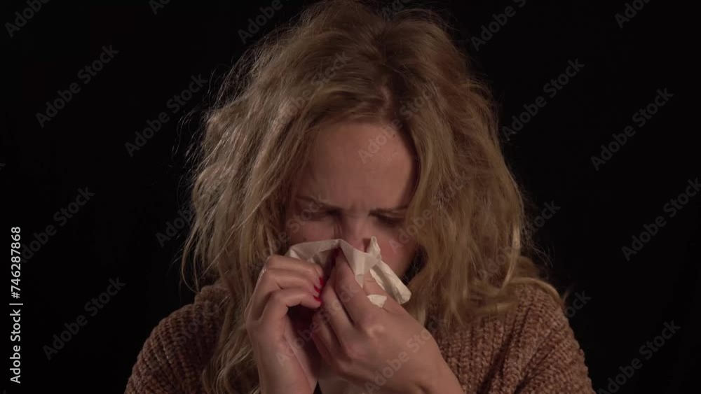 A young european blond women is blowing her nose. She has a running nose and she feels very sick. A young european blond women is blowing her nose. She has a running nose and she feels very sick.