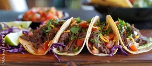 A wooden table is seen with three tacos prominently featured on top. The tacos are filled with Angus beef and gouda gratin, garnished with purple lettuce and tomato salad, and drizzled with guajillo photo