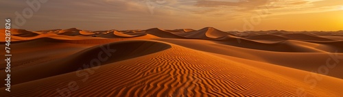   An expansive golden desert at sunset  with dunes casting long shadows under the warm hues of the sky.