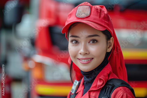 Malay woman wearing firefighter uniform, fire engine background