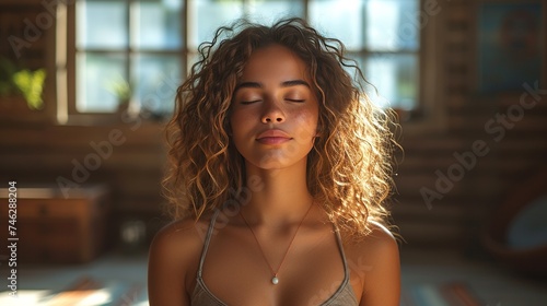 Young female relaxing in her room with sunlight on her. Portrait of heathy woman with curly hair.
