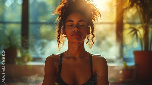 Young female relaxing in her room with sunlight on her. Portrait of heathy woman with curly hair. photo