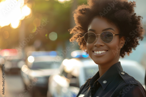 Afro woman wearing police officer uniform, patrol car background photo
