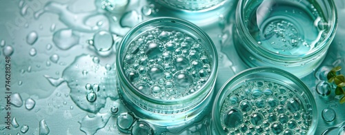 Teal Serums and Bubbles in Laboratory Glassware  Wide Layout