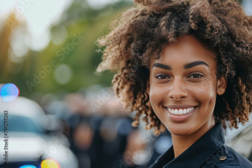 Afro woman wearing police officer uniform, patrol car background