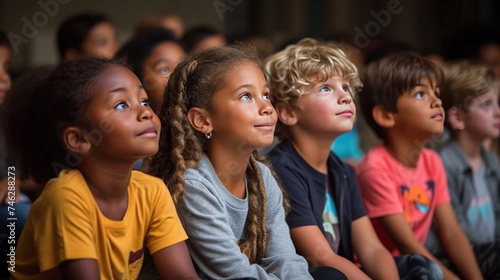 Children sitting in classroom listening to teacher. Kids sitting on floor and listening carefully. © Danyilo