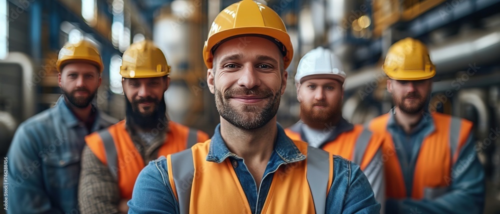 Fototapeta premium Industrial workers in safety gear at factory. Wide-angle of construction workers smiling for camera.