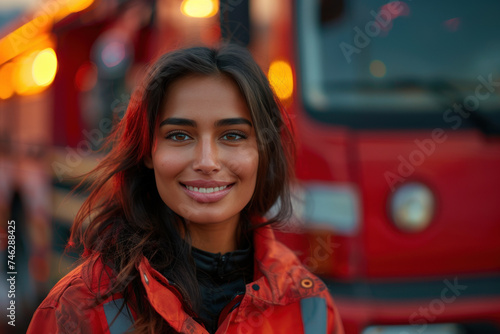 Indian woman wearing firefighter uniform, fire engine background