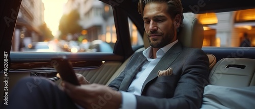 Stylish businessman texting in luxury car. Young professional using smartphone in back seat. © Danyilo