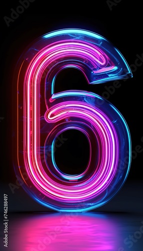 Neon number six on dark background. Glowing neon sign number six with copy space. Bright neon sign. © Danyilo